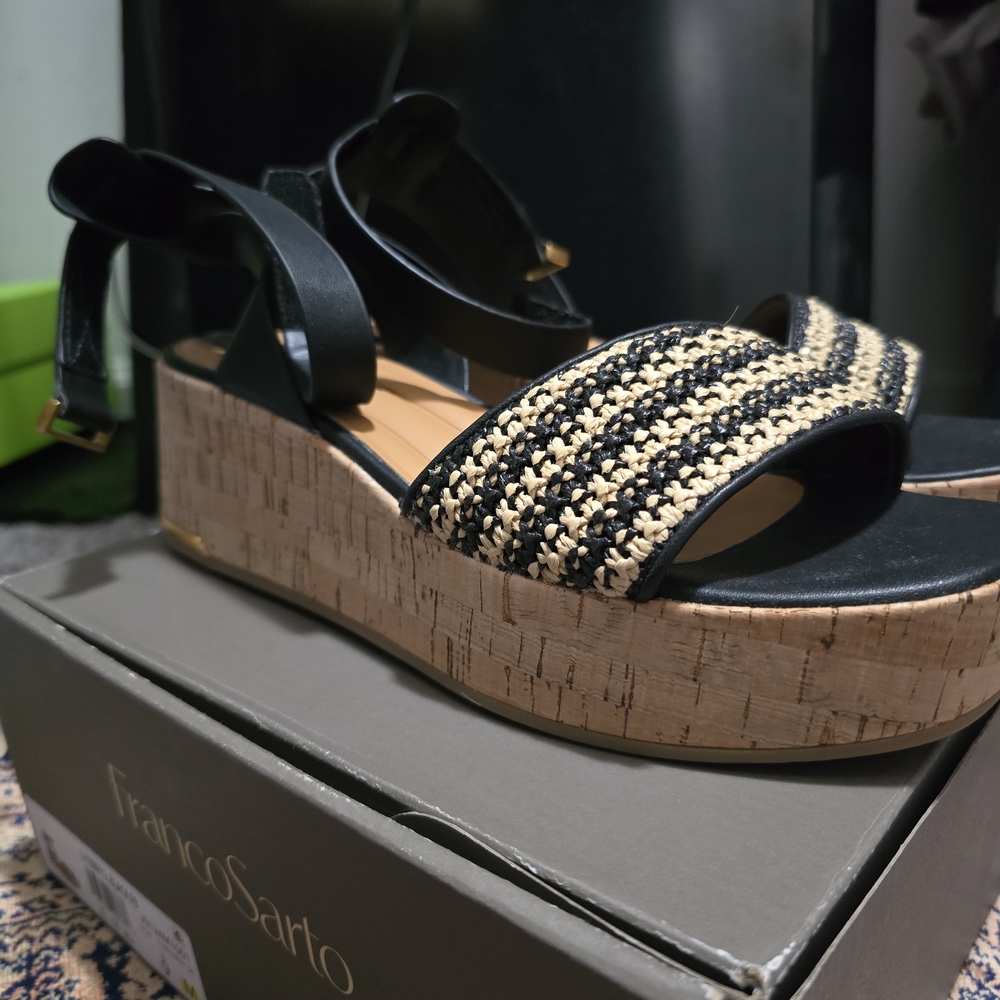 Franco Sarto Black and Tan Wedge Sandals